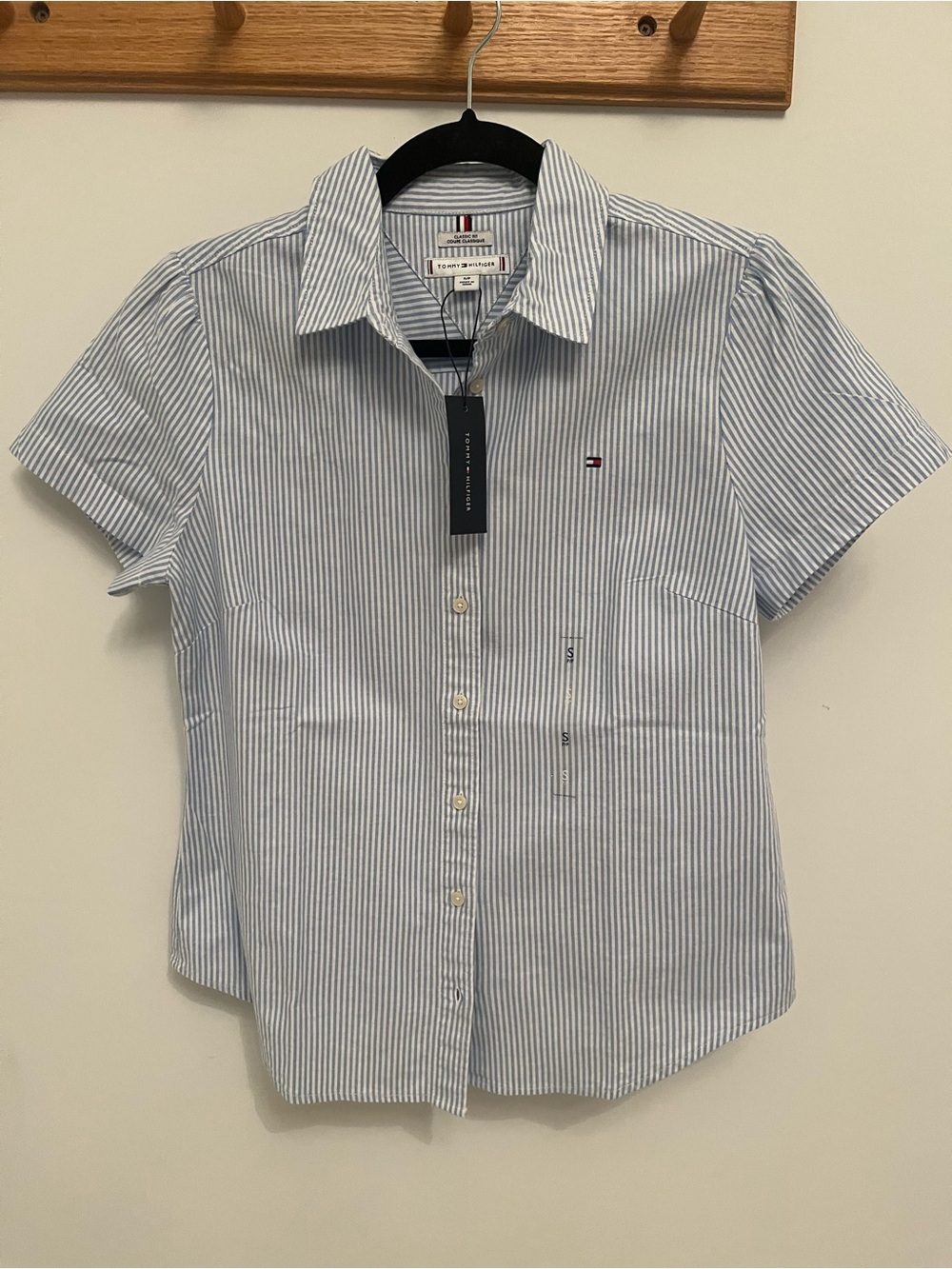 Tommy Hilfiger Light Blue and White Striped Short-Sleeve Button-Down Shirt women